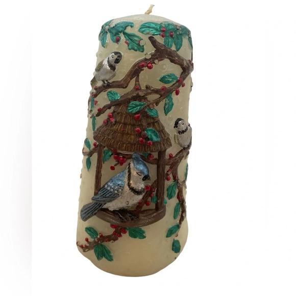 Vintage Christmas Pillar Candle with 3D Birds, Winter Tree & Berry Design - Picture 1 of 9